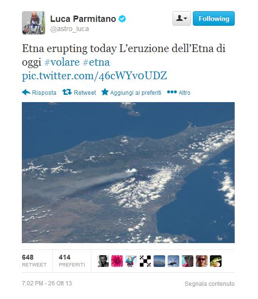 Luca Parmitano, l’eruzione| dell’Etna vista dallo spazio