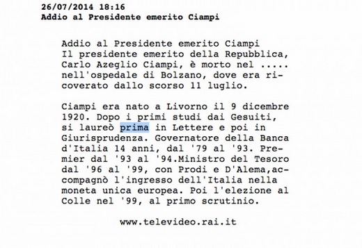 “Addio al Presidente Ciampi”, la gaffe del Televideo