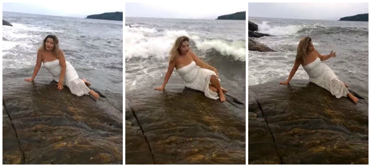 La sposa fa la sirena sexy sugli scogli, quello che accade è sorprendente