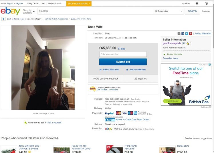 Mette la moglie in vendita su eBay: “L’offerta parte da 78mila euro”