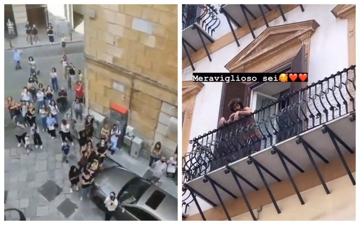 Palermo, Can Yaman si affaccia a petto nudo dal balcone dell’hotel e saluta i fan