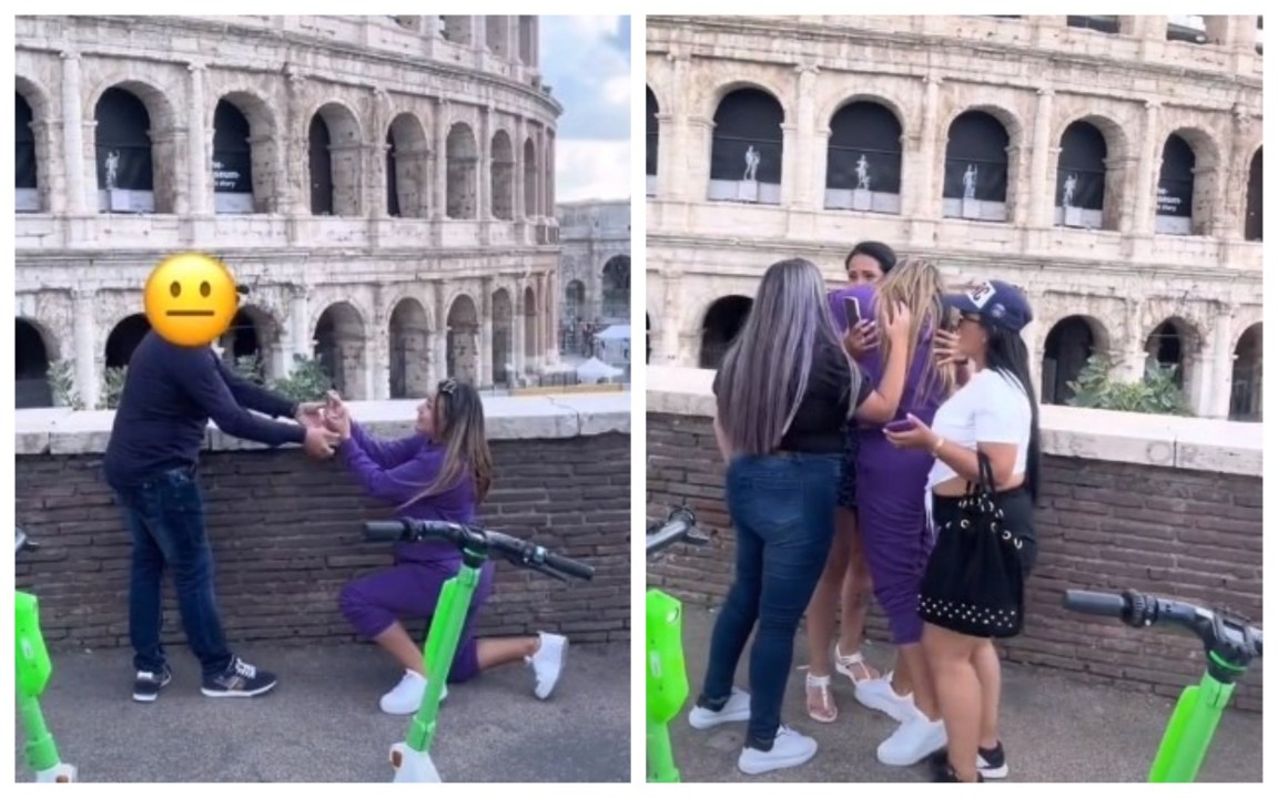 Si inginocchia davanti al Colosseo e chiede al fidanzato di sposarla ma lui scappa