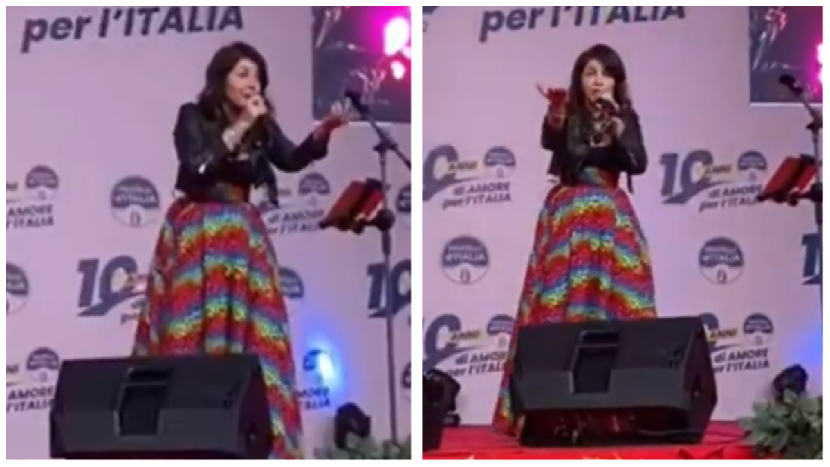 Cristina D’Avena, colpo di scena! Alla festa di FdI con la gonna rainbow canta Lady Oscar