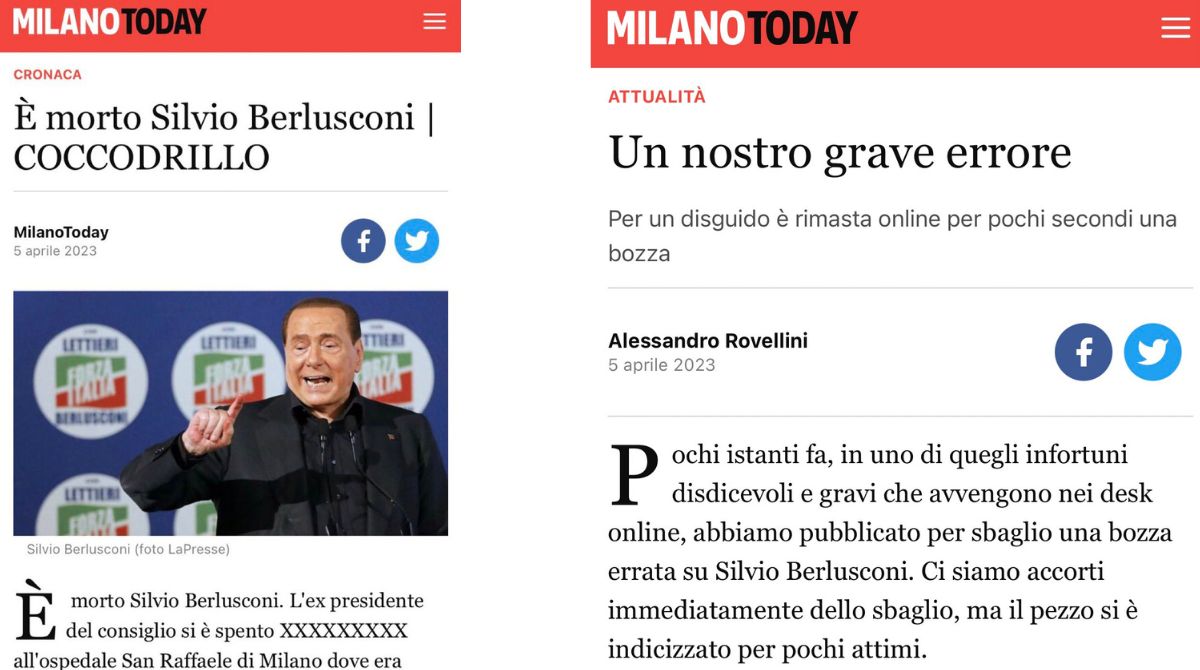 Silvio Berlusconi NON è morto, “MilanoToday” pubblica per sbaglio il suo necrologio