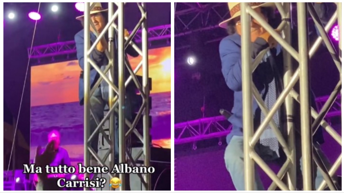 Al Bano si arrampica su un traliccio durante un concerto: l’incredibile video