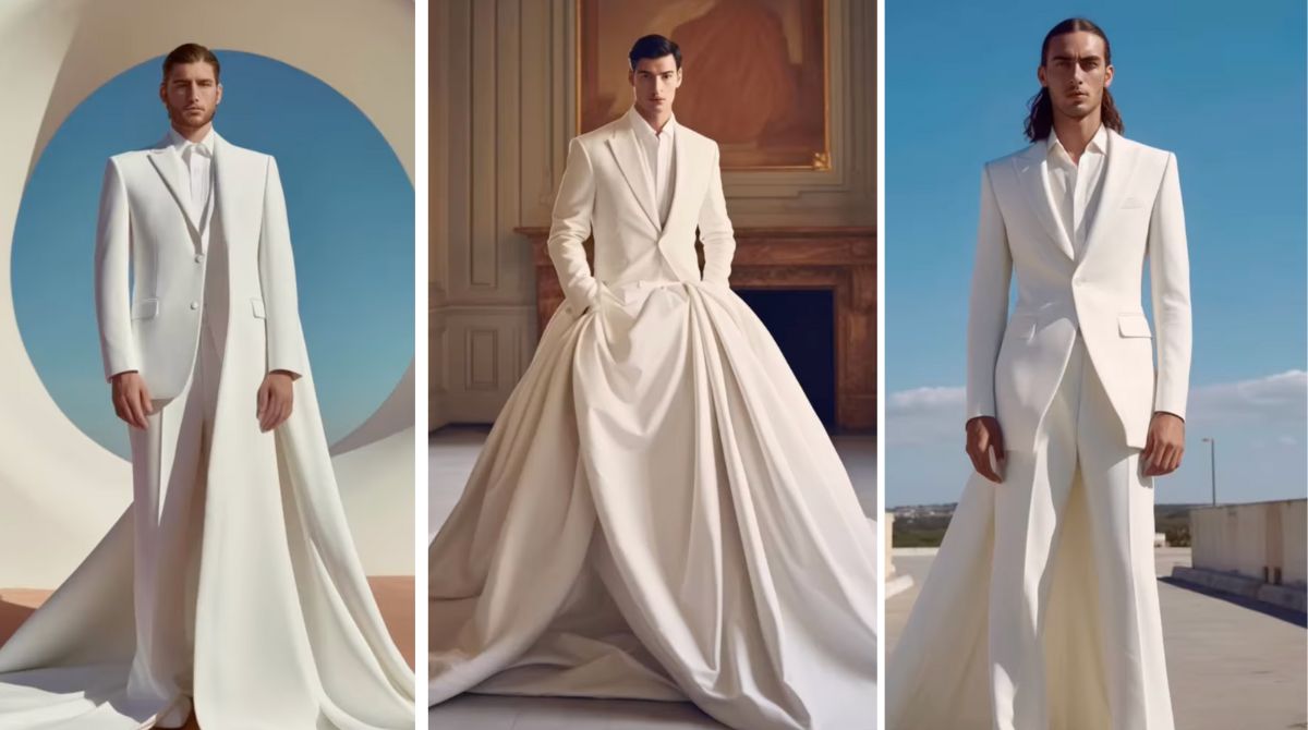 Sposo in abito bianco, ecco la collezione genderless: gonne e pizzi anche per l’uomo
