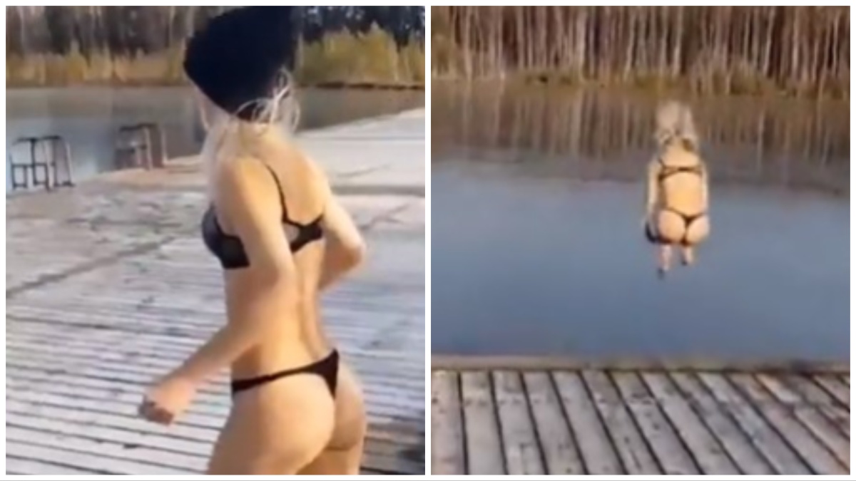 Ragazza in lingerie prende la rincorsa e si tuffa in un lago ghiacciato: è finita malissimo