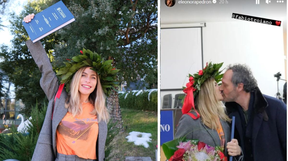 Eleonora Pedron si è laureata in Psicologia, le foto con l’alloro in testa e il bacio col compagno