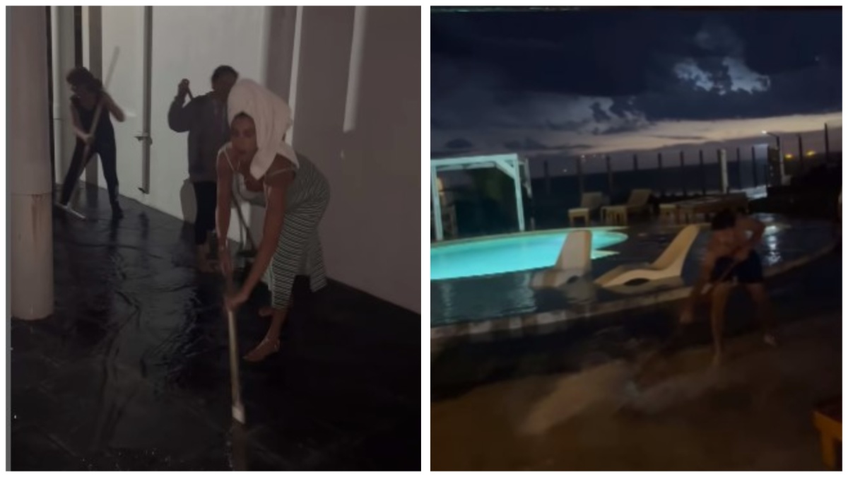 Tempesta di fulmini in Argentina, Belen Rodriguez spala l’acqua nella sua villa allagata