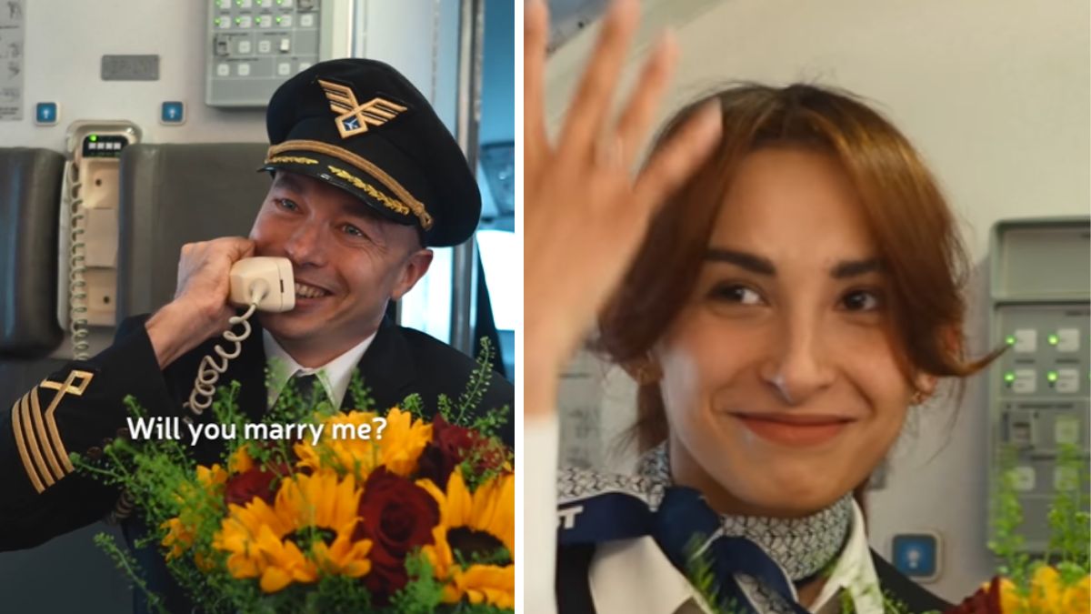 Pilota chiede alla hostess di sposarlo davanti ai passeggeri
